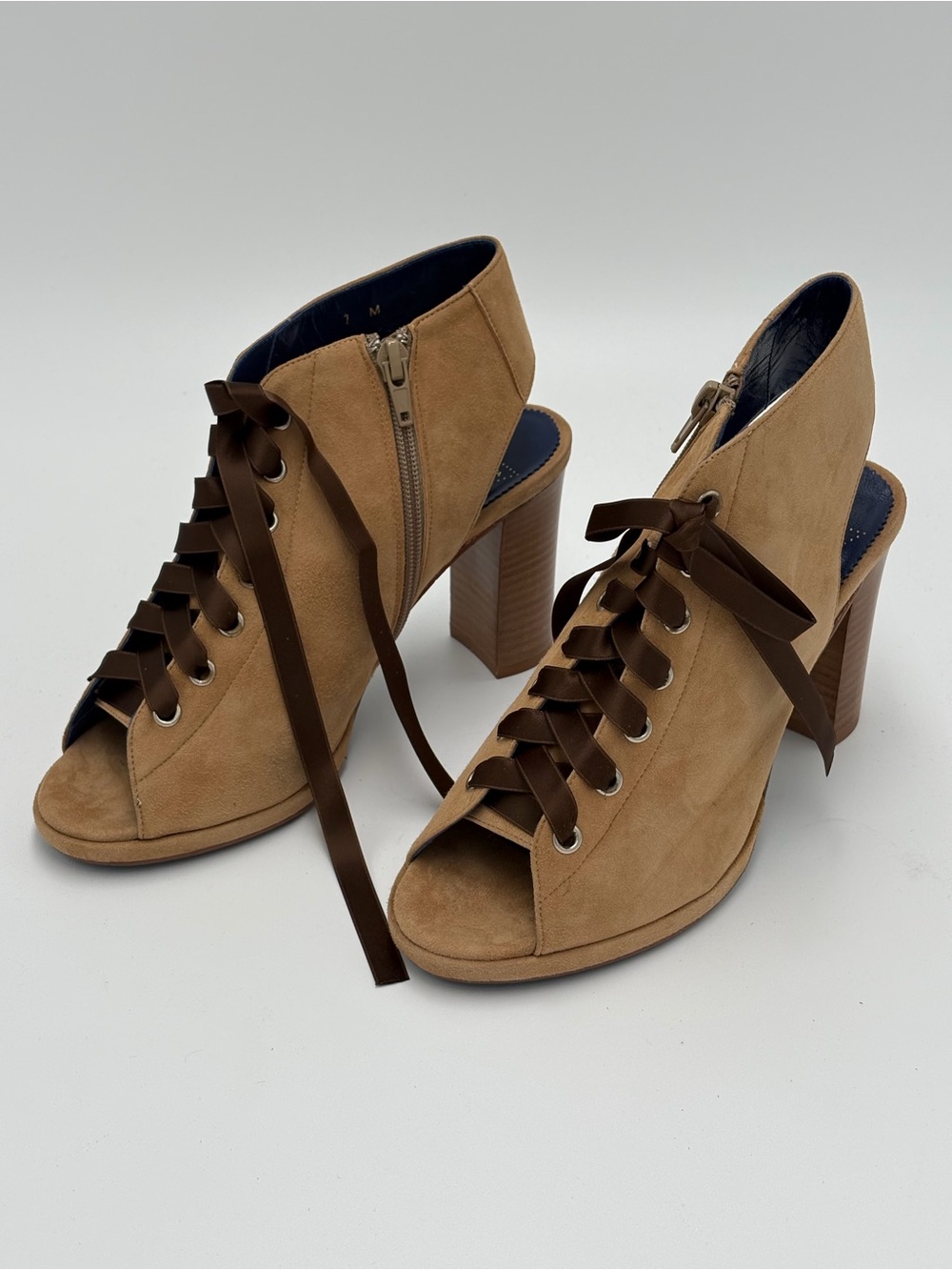 Valentina Rangoni Women’s Tan Suede Open-Toe Lace-Up Heels